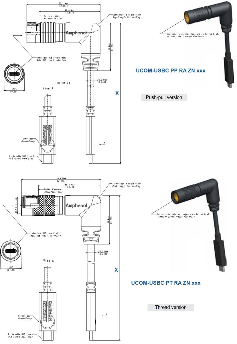 Technische Zeichnung - Amphenol Socapex Robuste Steckverbinder und Kabelsätze μCOM USBC 3.2 Gen 2